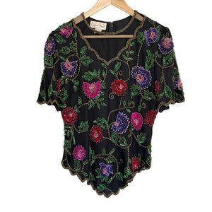 Laurence Kazar Womens M Floral Sequins Black Formal Evening Silk Top